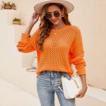 Autumn winter basic jumpers hollow out see through knitwear round neck casual pullover solid color sweaters for women