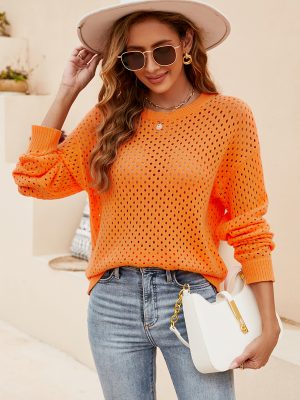 Autumn winter basic jumpers hollow out see through knitwear round neck casual pullover solid color sweaters for women