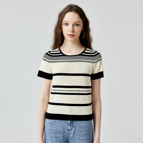 High quality casual color blocking thin knitwear striped jumper mujer short sleeve o-neck summer knitted sweaters