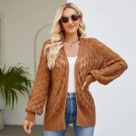 2026 new arrivals loose lazy style long sweater coat women fashion pure color design sense hollow out knitted cardigan