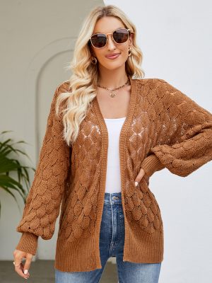 2026 new arrivals loose lazy style long sweater coat women fashion pure color design sense hollow out knitted cardigan