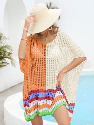 High quality color blocking elegant knitwear women pullover oversize U-neck knitted hollow out beach dress