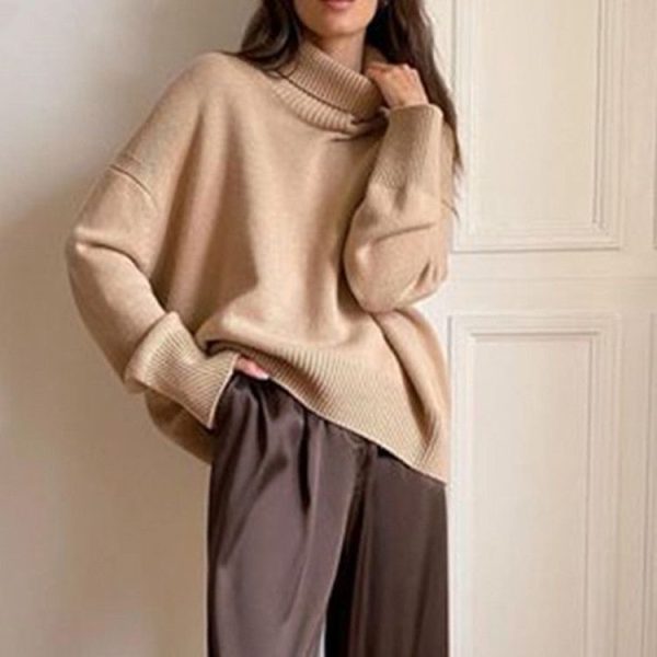 Fall winter fashion ladies sweater loose turtleneck pure color knitted pullover long casual knitwear
