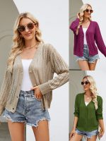 women hollow out sweater v neck Long Sleeve knitwear winter solid color knitted elegant cardigan