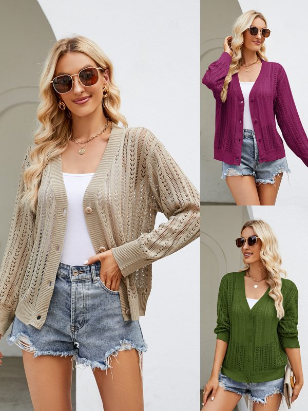women hollow out sweater v neck Long Sleeve knitwear winter solid color knitted elegant cardigan