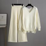 Trending Fashion V neck oversize cable sweaters wide leg pants elegant knitted loungewear women two piece pants set