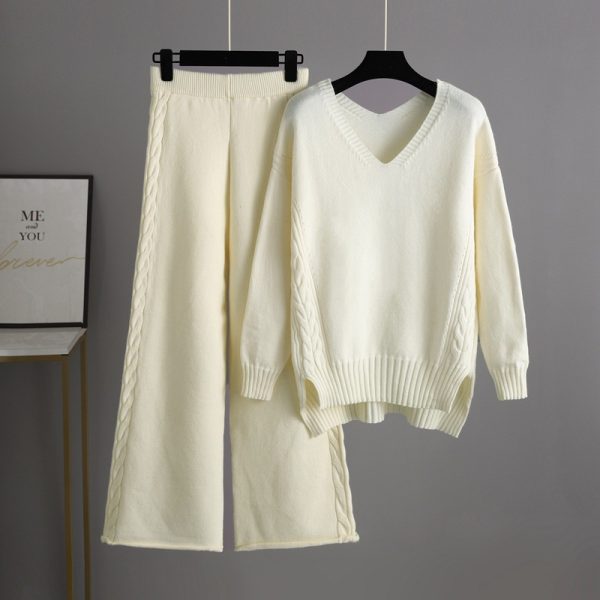 Trending Fashion V neck oversize cable sweaters wide leg pants elegant knitted loungewear women two piece pants set