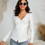 New style v neck slim fit sexy jumpers women solid color fashion long sleeve pullover elegant sweaters