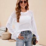 Autumn winter basic jumpers hollow out see through knitwear round neck casual pullover solid color sweaters for women