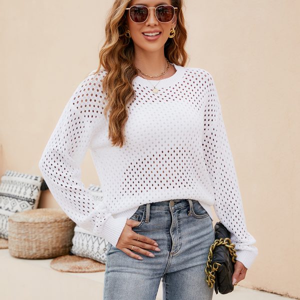 Autumn winter basic jumpers hollow out see through knitwear round neck casual pullover solid color sweaters for women
