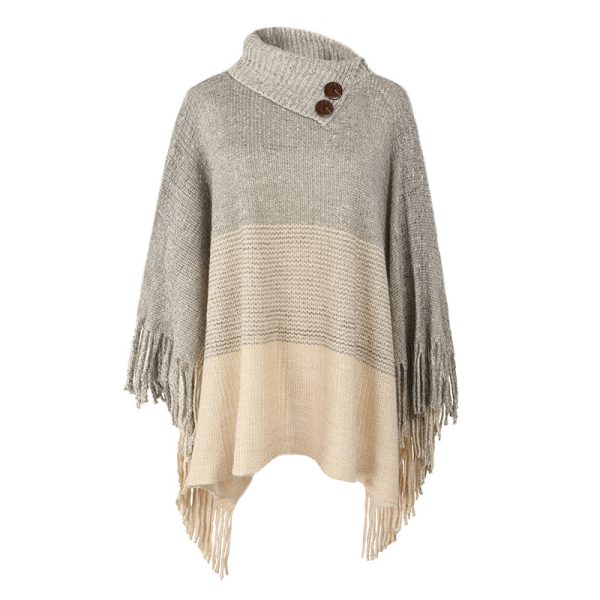 Autumn Winter Fringed Cloak Shawl Tassel Half Open Collar Color Blocking Sweater coat for Women