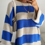 casual Trendy fashion women pullover knitwear long sleeve crew-neck stripe top knitted sweater