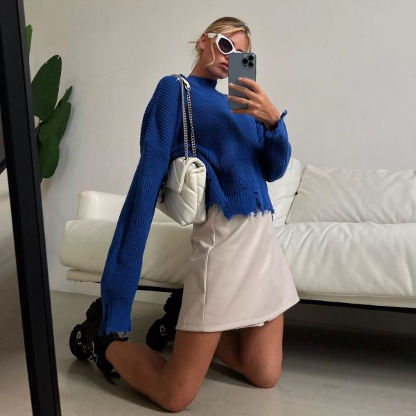 2026 Latest design crew neck ripped sweaters oversize wool knit tops elegant solid color mujer jumpers