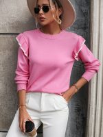 High quality ruffled jersey knitwear loose solid color crew-neck pullover fashion sweater for women