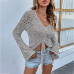 slim fit v neck sexy knit cropped tank top long sleeve hollow out knitwear women casual pullover ruffles vest