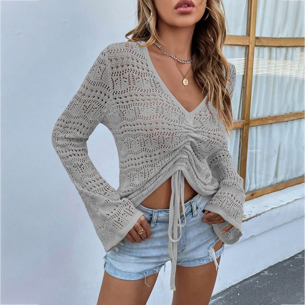 slim fit v neck sexy knit cropped tank top long sleeve hollow out knitwear women casual pullover ruffles vest