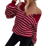 Hot selling crew neck long sleeve jumpers pullover casual single-breasted elegant striped sweaters for women