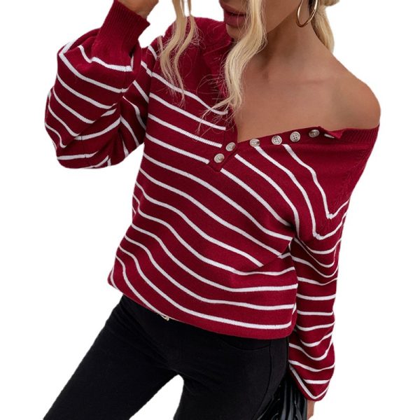 Hot selling crew neck long sleeve jumpers pullover casual single-breasted elegant striped sweaters for women