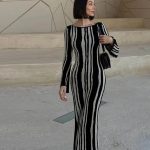 High quality Round neck wavy stripes knitwear color contrast flared sleeves wool slim fit elegant maxi knitted long dres