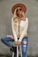 New style fashion short lapel knitted cardigan color blocking jacquard single breasted sweater coat for women