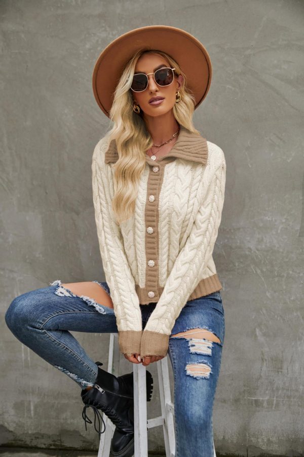 New style fashion short lapel knitted cardigan color blocking jacquard single breasted sweater coat for women
