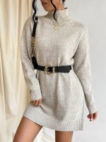 Solid color elegant knitwear women pullover turtleneck knitted casual one piece dress