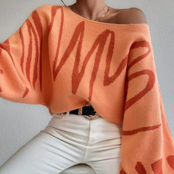 Autumn winter lantern sleeve jumpers crew neck oversize women off shoulder fashion sweaters