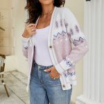 Fall winter V-neck knitwear sweaters women Geometric pattern jacquard single breasted knitted casual cardigan coa