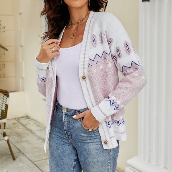 Fall winter V-neck knitwear sweaters women Geometric pattern jacquard single breasted knitted casual cardigan coa