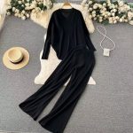 Hot selling pure color women loungewear elegant pullover loose knitted wide leg pants 2 piece set women