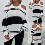 Hot selling round neck hollow out halter sweaters pullover color blocking casual striped jumpers mujer