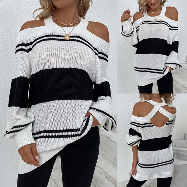Hot selling round neck hollow out halter sweaters pullover color blocking casual striped jumpers mujer