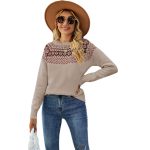 Fall Winter new style vintage jacquard color blocking knitted jumper Elegant loose pullover sweater