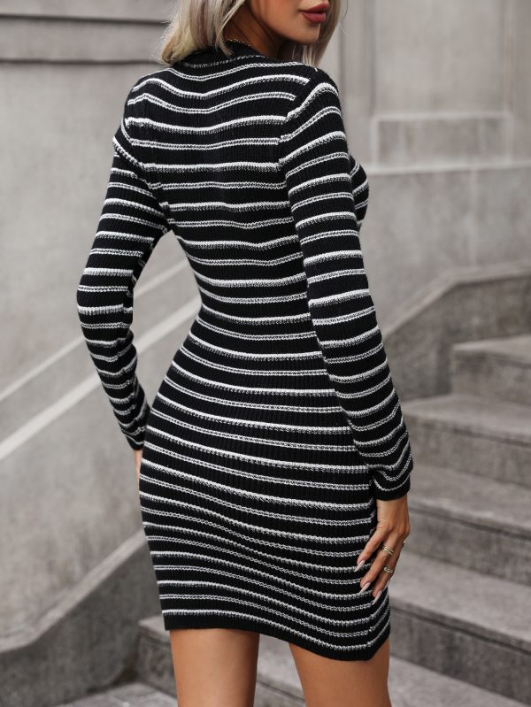 Knitwear o-neck knitted bodycon women midi slim waist pullover striped sexy dress