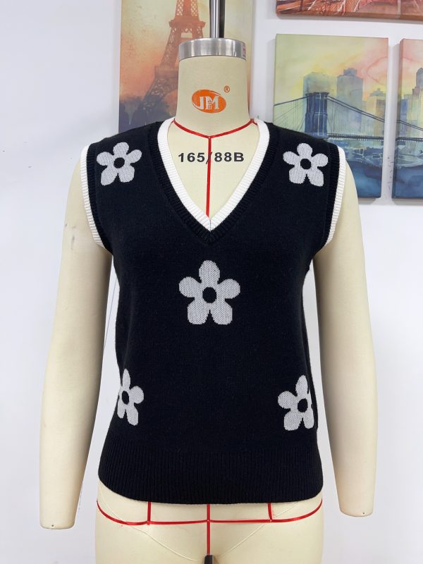 Hot sales flower print v neck women knitwear color blocking elegant v neck knitted sleeveless sweater