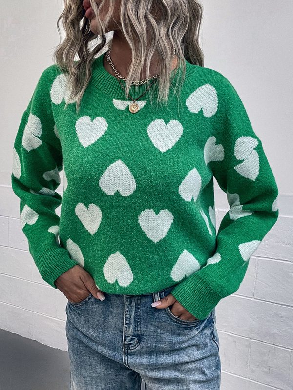 Fashion Pullover Jumper sueter para mujer heart knit casual loose crew neck sweaters women