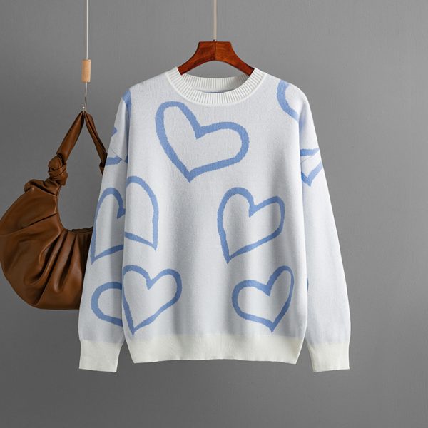 Hot selling Casual Valentine's Day Long Sleeve Knitwear Color Blocking Knitted Loose Heart Pullover Women Sweater