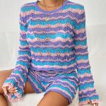 Knitwear Pullover Round Neck stripe jumper hollow out beachwear knitted Women Loungewear 2 piece set