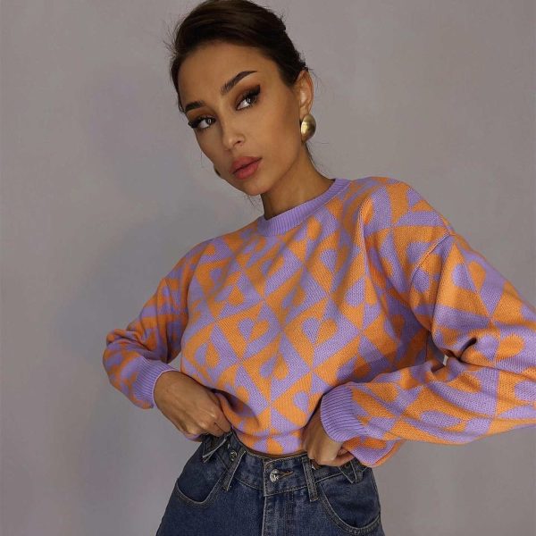 hot sales winter o-neck pullover geometric pattern Knitwear women casual oversize short sweater
