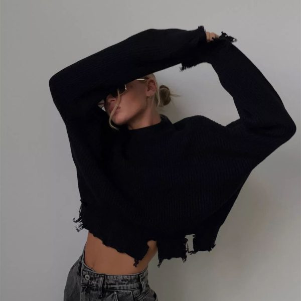 New arrivals round neck casual jumpers mujer winter autumn ripped pullover wool knit sweaters for women