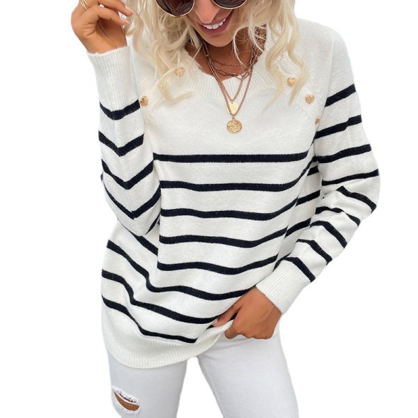 New arrivals pullover elegant jumper women autumn winter o-neck striped shoulder button loose sweaters