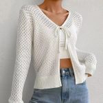 Trending fashion women casual High quality lace up knitwear hollow out long sleeve sweater cardigan coat