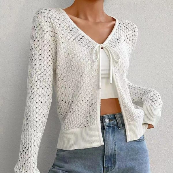 Trending fashion women casual High quality lace up knitwear hollow out long sleeve sweater cardigan coat
