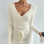 Trending Fashion V neck lace up crop top high waist skirts solid color women knitted sexy 2 piece set