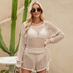 Spring women casual loose hollow out summer beachwear sexy knitted twinset 2 piece pants set
