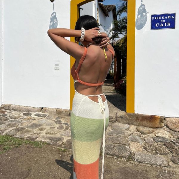 women clothing u neck hollow out knitwear vacation holiday color blocking summer maxi sexy beach dress