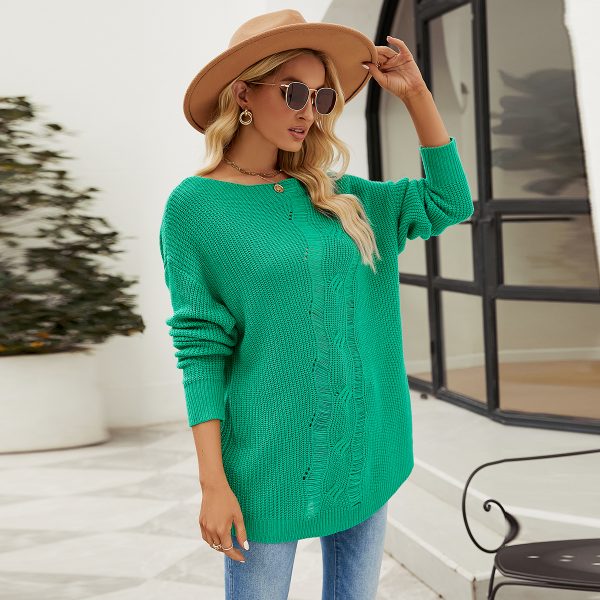 Solid color knitwear o-neck casual loose pullover hollow out jumper cable off shoulder sexy sweater for women