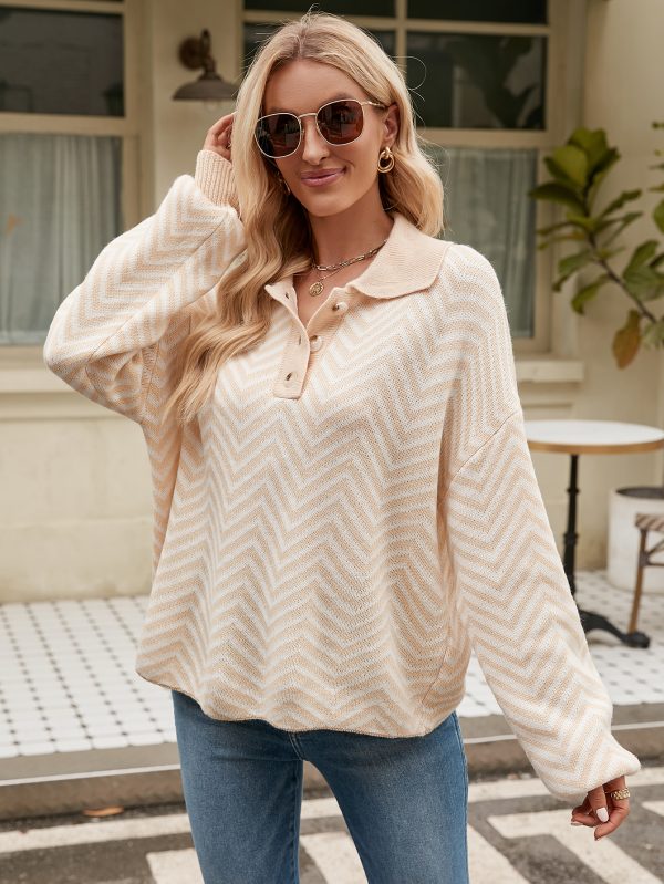 New style fashion turn down collar knitwear lantern sleeve jumper mujer pullover elegant striped sweaters women
