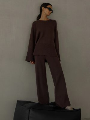 High Quality pure color twinset Oversize knitwear women casual side split knitted 2 piece matching outfits