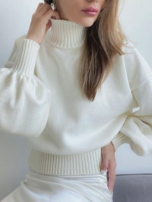 Hot selling women winter solid color puffy sleeve turtleneck fashion short knitwear casual sweater